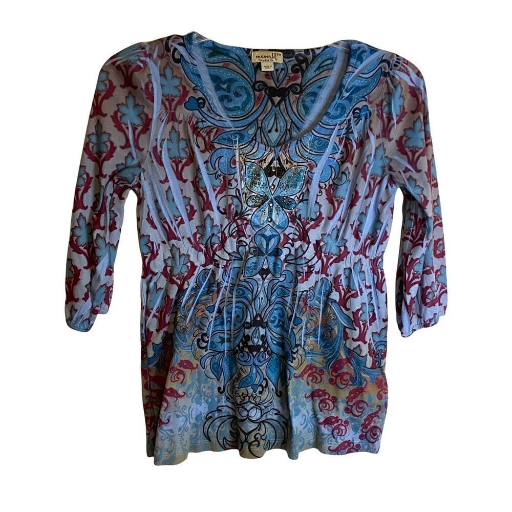 One World Live and Let Live Boho Free Flowing Top Sz PM